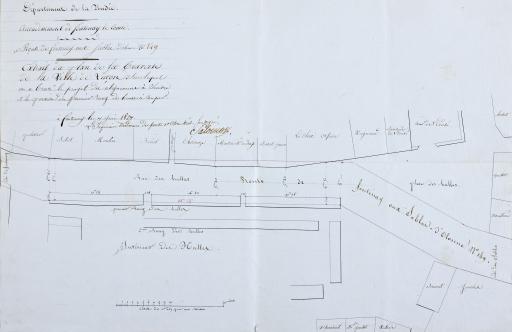 Route de Fontenay aux Sables n° 149 : extrait du plan de la traverse de la ville de Luçon sur lequel on a tracé le projet de l'alignement et la portion du premier rang de bancs [des halles] à couper, 7 juin 1827.